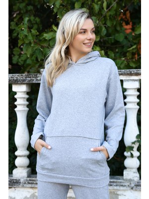 Moda Çizgi Kadın Pamuk Kapşonlu Cepli 3 Iplik Gri Eşofman Takım 9037