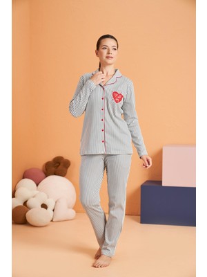 Pjs Kadın Önden Düğmeli Gömlek Yaka Çizgili Uzun Kollu Pijama Takım