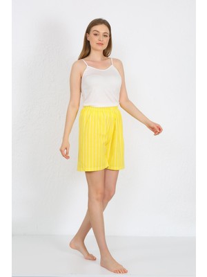 Moda Çizgi Kadın Ip Askılı Pamuk Penye Şortlu Takım Sarı 3620