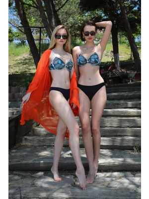 Moda Çizgi Kadın Yarım Destekli Alt Üst Bikini Takım Petrol 35012