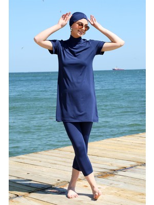 Moda Çizgi Kısa Kol Lacivert Yarım Tesettür Mayo 33015