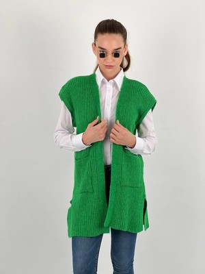 Miss Poem Kadın Yeşil Düğmesiz Cepli Uzun Triko Hırka