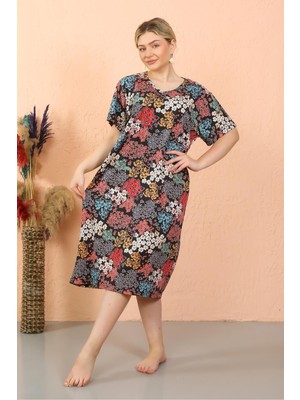 Moda Çizgi Kadın Kısa Kol Diz Altı Over Size Ev Elbisesi - Geceliği 93412