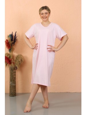 Moda Çizgi Kadın Kısa Kol Diz Altı Over Size Pembe Ev Elbisesi - Geceliği 93410
