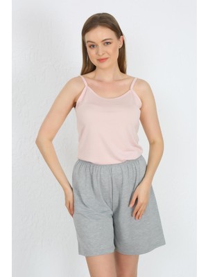Moda Çizgi Kadın Ip Askılı Pamuk Penye Şortlu Takım Pudra 3619