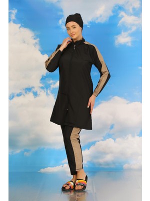 Moda Çizgi Kadın Pantolonlu Kolu Şeritli Tam Tesettür Mayo Siyah 31065