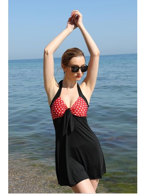 Moda Çizgi Kadın Likralı Şortlu Fiyonklu Elbise Mayo Kırmızı 37021