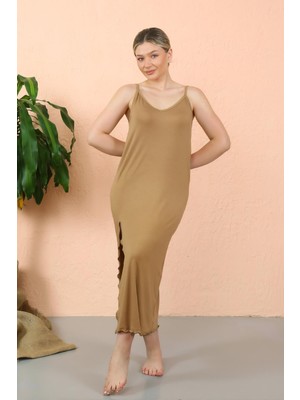 Moda Çizgi Kadın Ip Askılı Yırtmaçlı Uzun Sütlü Kahve Gecelik 90119