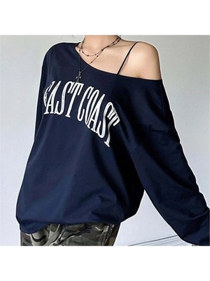 İsra Ayyıldız Moonstar Collection Lacivert East Coast Kısa Kol Off-Shoulder Omuz Askılı T-Shirt