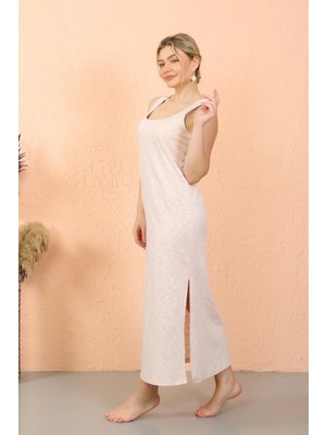 Moda Çizgi Kadın Kalın Askılı Yırtmaçlı Uzun Gecelik 90113