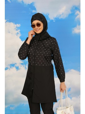 Moda Çizgi Kadın Pantolonlu Desenli Tam Tesettür Mayo Siyah 31074