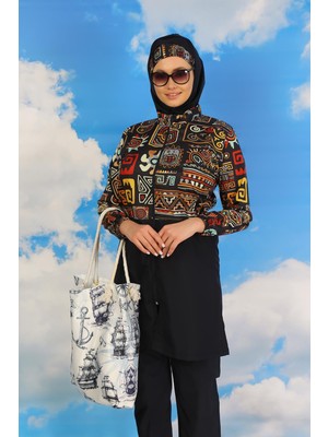 Moda Çizgi Kadın Pantolonlu Desenli Tam Tesettür Mayo Lacivert 31074