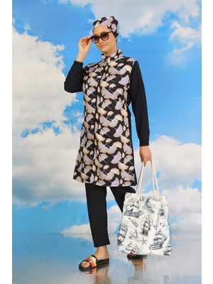 Moda Çizgi Kadın Pantolonlu Desenli Tam Tesettür Mayo Lacivert 31070