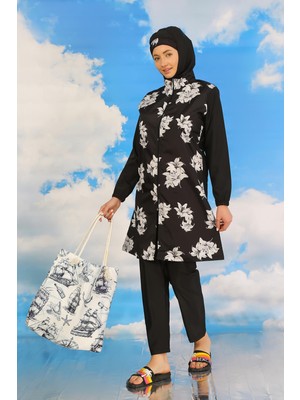 Moda Çizgi Kadın Pantolonlu Desenli Tam Tesettür Mayo Siyah 31070