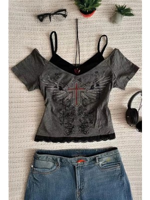 İsra Ayyıldız Moonstar Collection Antrasit Gotik Cross Wing Vintage Açık V Yaka Ek Askılı Y2K Crop