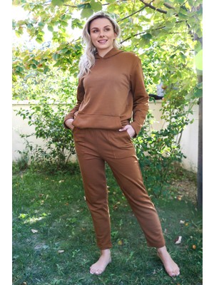 Moda Çizgi Kadın Pamuk Kapşonlu Cepli 3 Iplik Kahve Eşofman Takım 9037
