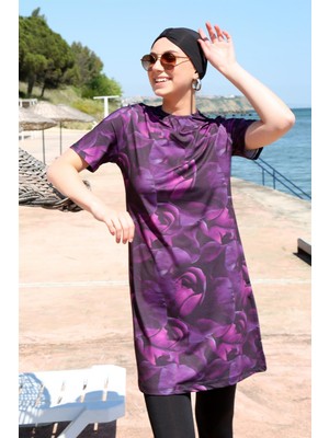 Moda Çizgi Kısa Kol Güllü Yarım Tesettür Mayo 33014