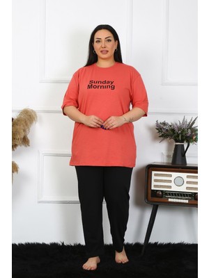Moda Çizgi Kadın Büyük Beden Mercan Pijama Takımı 202404