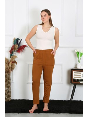 Moda Çizgi Kadın Pamuk Cepli 3 Iplik Alt Eşofman Kahve 27510