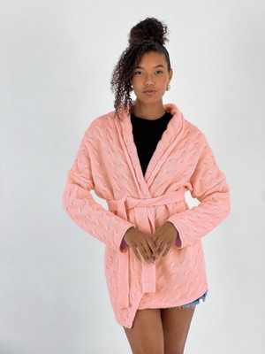 Miss Poem Kadın Pudra Belden Bağlamalı Örgü Triko Hırka