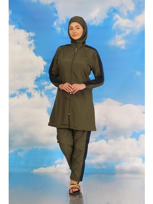 Moda Çizgi Kadın Pantolonlu Kolu Şeritli Tam Tesettür Mayo Haki 31066