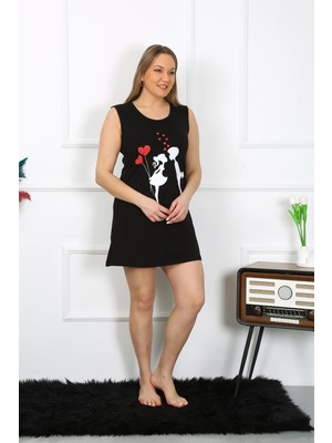 Moda Çizgi Kadın Büyük Beden Kalın Askılı Penye Diz Üstü Siyah Gecelik 12501