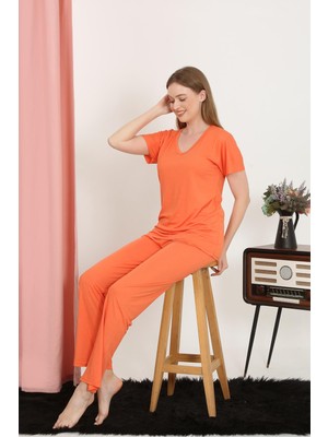 Moda Çizgi Kadın Kısa Kol Pamuk Penye Pijama Takım Turuncu 4213