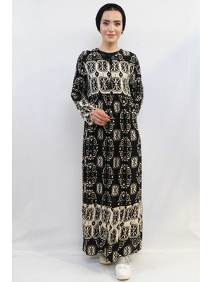 Moda Çizgi Papatya Desen Elbise Siyah