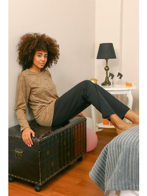 Moda Çizgi Kadın Uzun Kol Penye Pijama Takım 4178