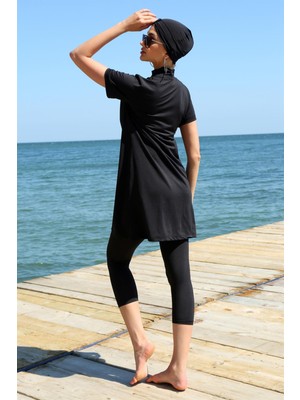 Moda Çizgi Kısa Kol Siyah Yarım Tesettür Mayo 33015