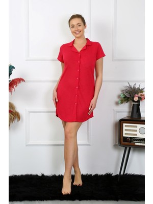 Moda Çizgi Kadın Pamuk Dokuma Kısa Kol Düğmeli Kırmızı Tunik Gecelik 13110