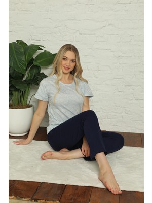 Moda Çizgi Kadın %100 Pamuk Penye Kısa Kol Pijama Takım 3381