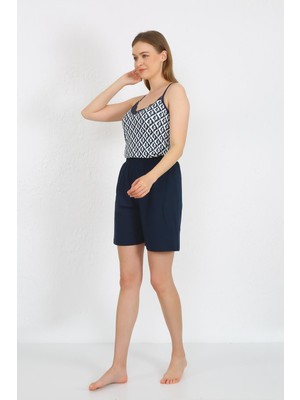 Moda Çizgi Kadın Ip Askılı Pamuk Penye Şortlu Takım Lacivert 3621