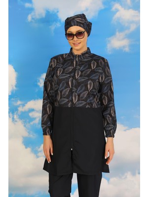 Moda Çizgi Kadın Pantolonlu Desenli Tam Tesettür Mayo Lacivert 31075