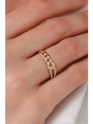 Oroline Kuyumculuk 8 Ayar Zincir Desenli Taşlı Minimal Altın Kadın Yüzük