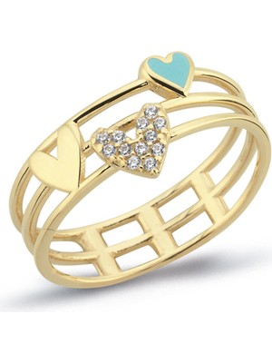 Oroline Kuyumculuk 8 Ayar Şık Taşlı ve Mineli Kalp Desenli Kadın Altın Yüzük