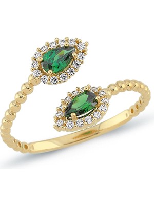Oroline Kuyumculuk 14 Ayar Açık Uçlu Yeşil Taşlı Minimal Kadın Altın Yüzük