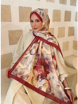 Moda Nuda Mira Ipek Desenli Pamuk Soft Şal Ilham Serisi Bordo-Krem