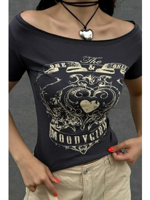 İsra Ayyıldız Moonstar Collection Füme Vintage Moodygirl Omuz Açık Kısa Kollu Crop