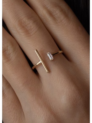 Oroline Kuyumculuk 14 Ayar Açık Uçlu Şık Tasarımlı Baget Taşlı Altın Kadın Yüzük