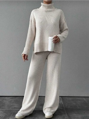 Newco Kadın Balıkçı Yaka Fitilli Saç Örgü Desenli Yanlardan Yırtmaçlı Alt Üst Triko Takım - Ekru