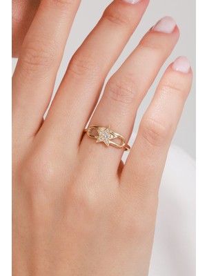 Oroline Kuyumculuk 14 Ayar Yıldız Desenli Minimal Kadın Altın Yüzük