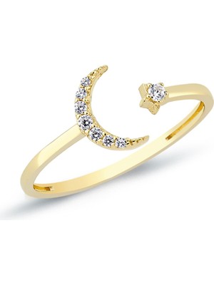 Oroline Kuyumculuk 14 Ayar Ay Yıldız Desenli Minimal Kadın Altın Yüzük