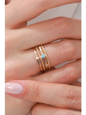 Oroline Kuyumculuk 14 Ayar Firuze Taşlı Paralel Altın Kadın Yüzük