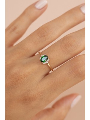 Oroline Kuyumculuk 14 Ayar Yeşil Taşlı Minimal Kadın Altın Yüzük