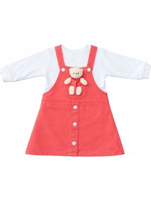 Kız Bebek Ayıcıklı Figürlü Salopet Elbise Uzun Kollu 2'li Elbise Vebody Takımı