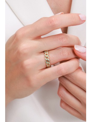 Oroline Kuyumculuk 14 Ayar Zincir Desenli Mineli Şık Kadın Altın Yüzük