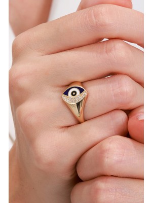 Oroline Kuyumculuk 8 Ayar Lacivert Mineli Altın Kadın Göz Desenli Yüzük