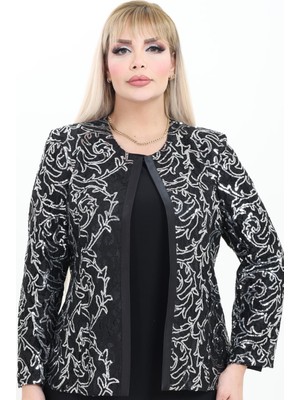 Ladies First Büyük Beden 4026 Siyah-Gümüş Ceket+Bluz Takım