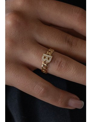 Oroline Kuyumculuk 8 Ayar Taşlı Zincir Desenli Kadın Altın Harf Yüzük